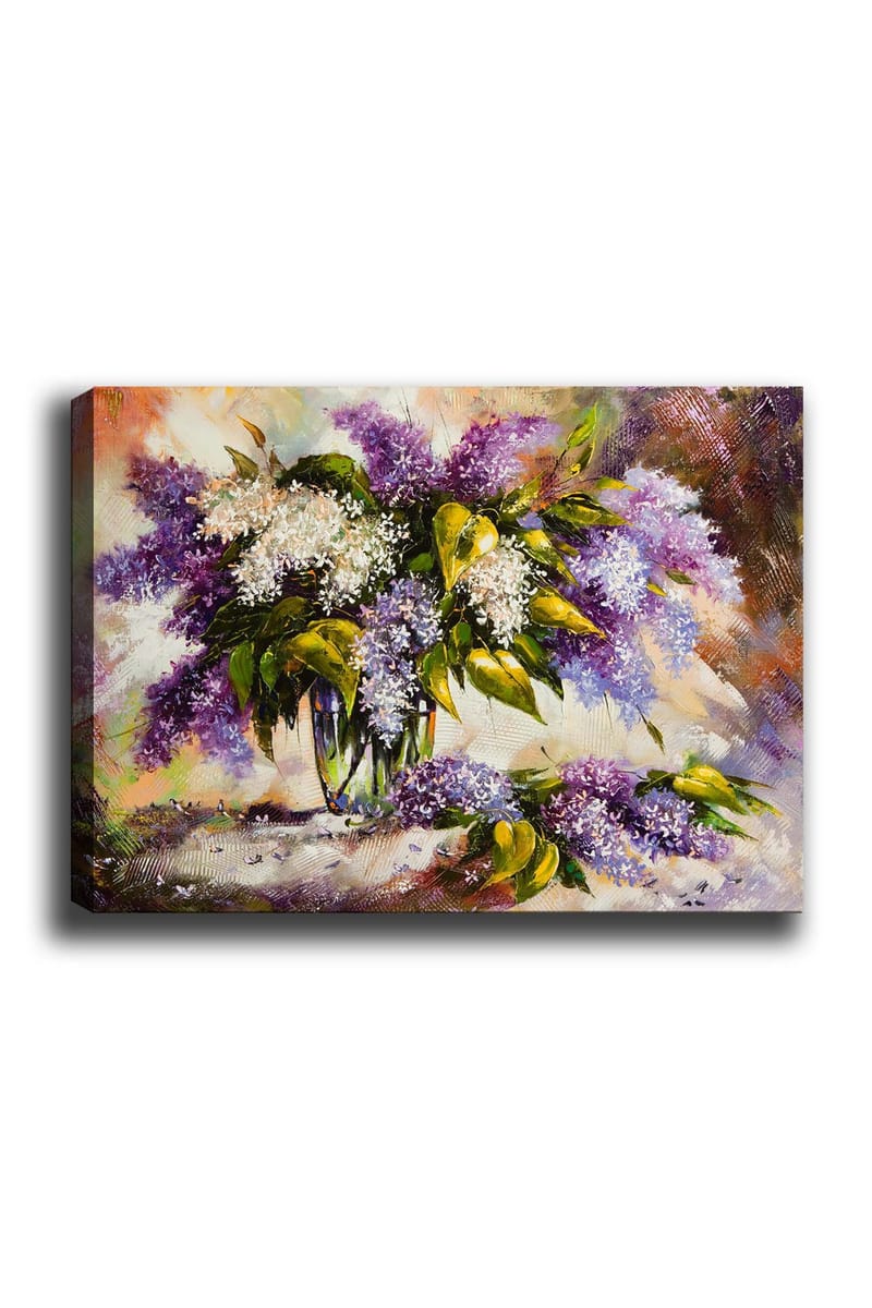 Canvas taulu 70x100 cm - Kaunis syreenikimppu violetin ja valkoisen sävyissä, vihreiden lehtien ympäröimänä, Violetti / Valkoinen / Vihreä