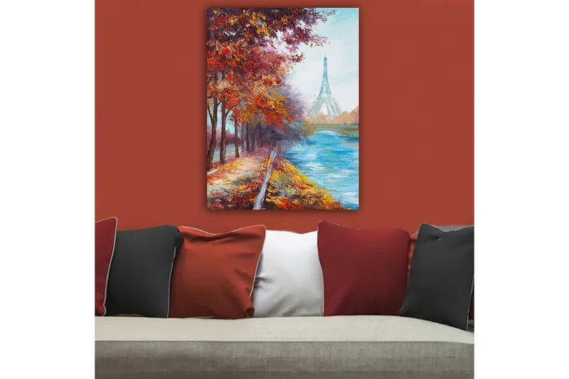 Canvas taulu 70x100 cm - Kaunis syysmaisema Eiffel-tornin taustalla, värikkäiden puiden ja kimaltelevan joen ympäröimänä - Punainen / Sininen / Oranssi - Sisustustuotteet - Taulu & taide - Canvas-taulu