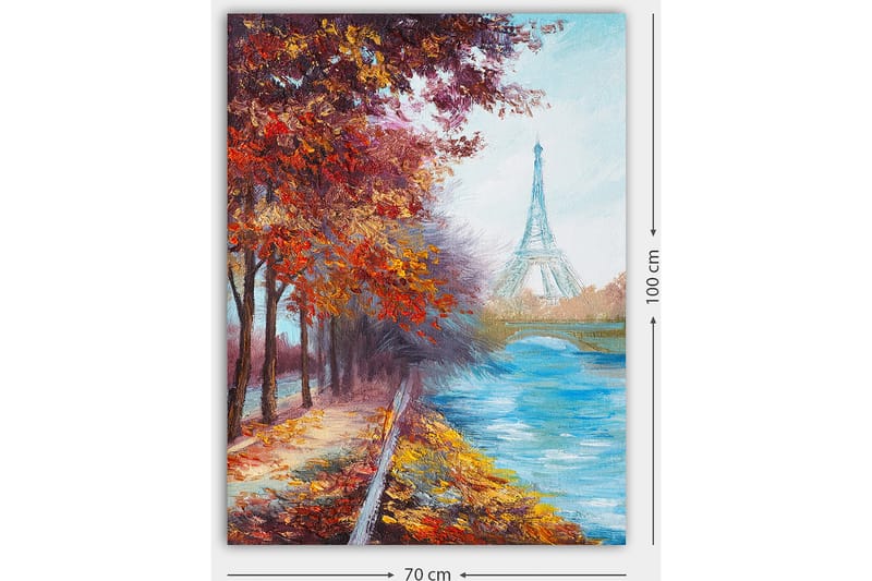 Canvas taulu 70x100 cm - Kaunis syysmaisema Eiffel-tornin taustalla, värikkäiden puiden ja kimaltelevan joen ympäröimänä - Punainen / Sininen / Oranssi - Sisustustuotteet - Taulu & taide - Canvas-taulu