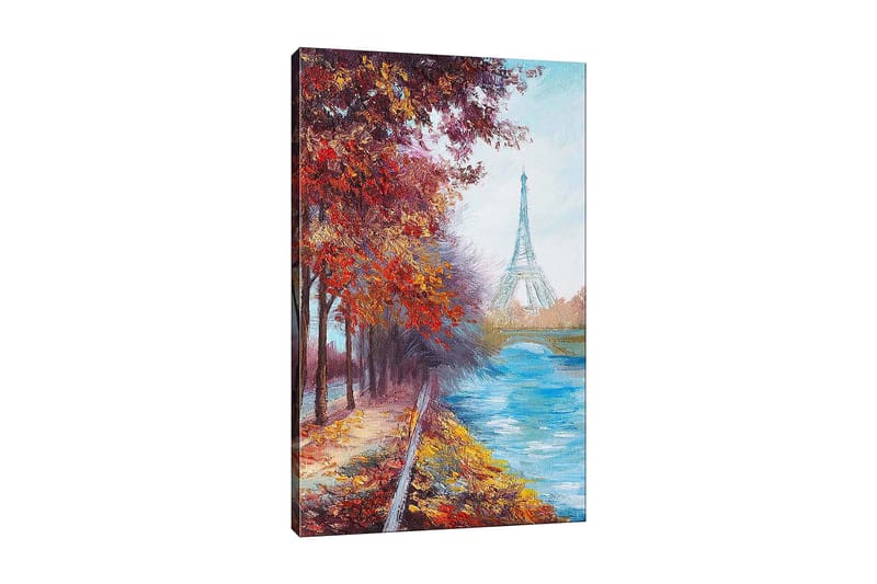 Canvas taulu 70x100 cm - Kaunis syysmaisema Eiffel-tornin taustalla, värikkäiden puiden ja kimaltelevan joen ympäröimänä, Punainen / Sininen / Oranssi