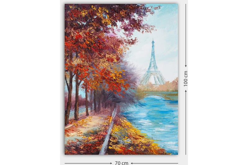 Canvas taulu 70x100 cm - Kaunis syysmaisema Eiffel-tornin taustalla, värikkäiden puiden ja kimaltelevan joen ympäröimänä - Punainen / Sininen / Oranssi - Sisustustuotteet - Taulu & taide - Canvas-taulu