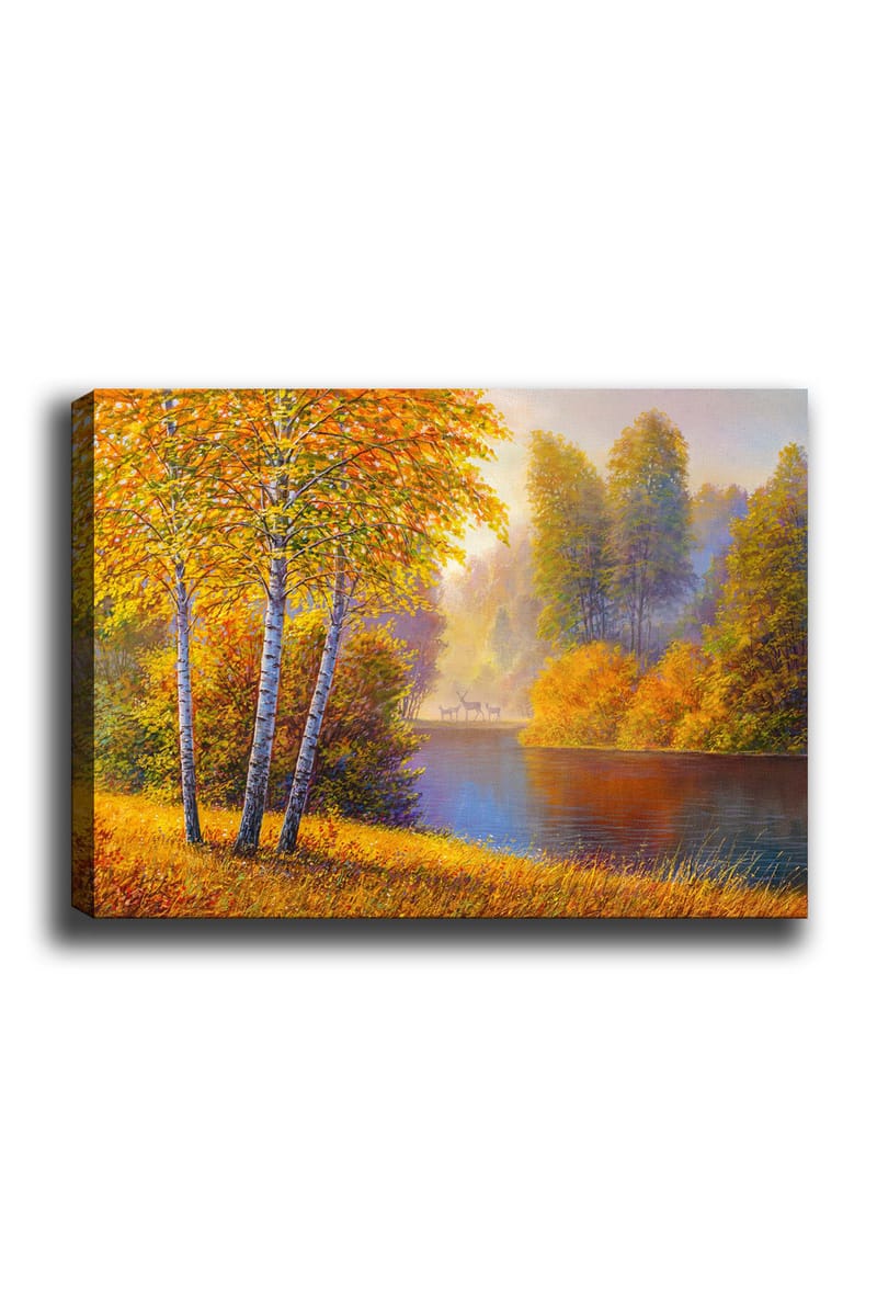 Canvas taulu 70x100 cm - Kaunis syysmaisema koivujen kanssa hiljaisen järven rannalla, Kultaoranssi / Vihreä / Sininen