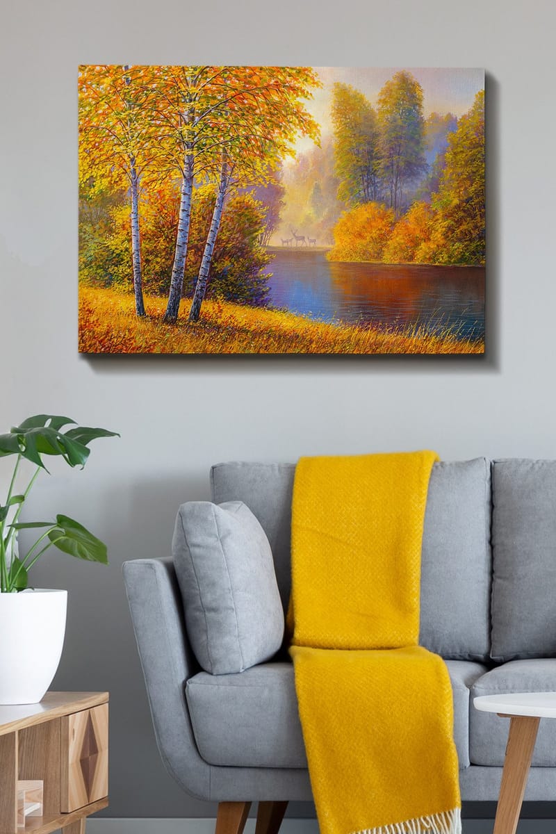 Canvas taulu 70x100 cm - Kaunis syysmaisema koivujen kanssa hiljaisen järven rannalla - Kultaoranssi / Vihreä / Sininen - Sisustustuotteet - Taulu & taide - Canvas-taulu