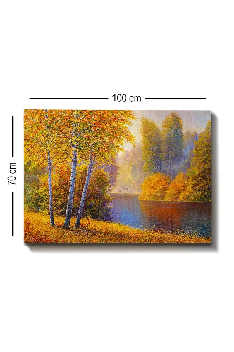 Canvas taulu 70x100 cm - Kaunis syysmaisema koivujen kanssa hiljaisen järven rannalla - Kultaoranssi / Vihreä / Sininen - Sisustustuotteet - Taulu & taide - Canvas-taulu