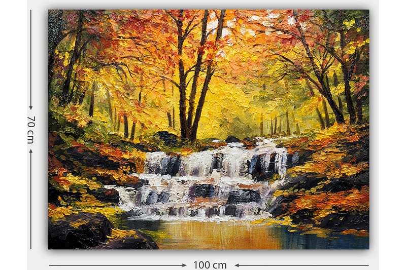 Canvas taulu 70x100 cm - Kaunis syysmaisema väreilevällä vesiputouksella, jota ympäröivät värikkäät keltaiset ja oranssit puut - Keltainen / Oranssi / Ruskea - Sisustustuotteet - Taulu & taide - Canvas-taulu