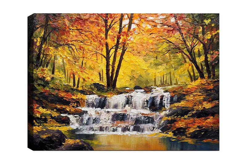 Canvas taulu 70x100 cm - Kaunis syysmaisema väreilevällä vesiputouksella, jota ympäröivät värikkäät keltaiset ja oranssit puut, Keltainen / Oranssi / Ruskea