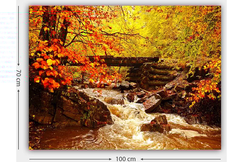 Canvas taulu 70x100 cm - Kaunis syysmaisema väreilevällä purolla, jota ympäröivät värikkäät puut ja lämpimän sävyiset lehdet - Oranssi / Keltainen / Ruskea - Sisustustuotteet - Taulu & taide - Canvas-taulu