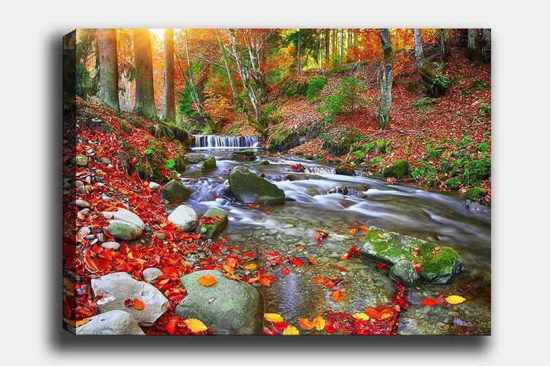 Canvas taulu 70x100 cm - Kaunis syysmaisema väreilevällä purolla, jota ympäröivät värikkäät syksyn lehdet, Punainen / Vihreä / Ruskea