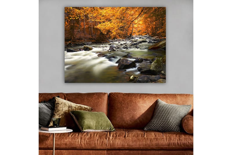 Canvas taulu 70x100 cm - Kaunis syysmaisema väreilevällä purolla, jota ympäröi kultainen ja oranssi lehdistö, Kultainen / Oranssi / Vihreä