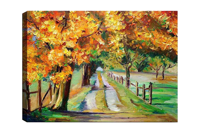 Canvas taulu 70x100 cm - Kaunis syysmaisema värikkäiden puiden kanssa soratien varrella, Oranssi / Vihreä / Ruskea