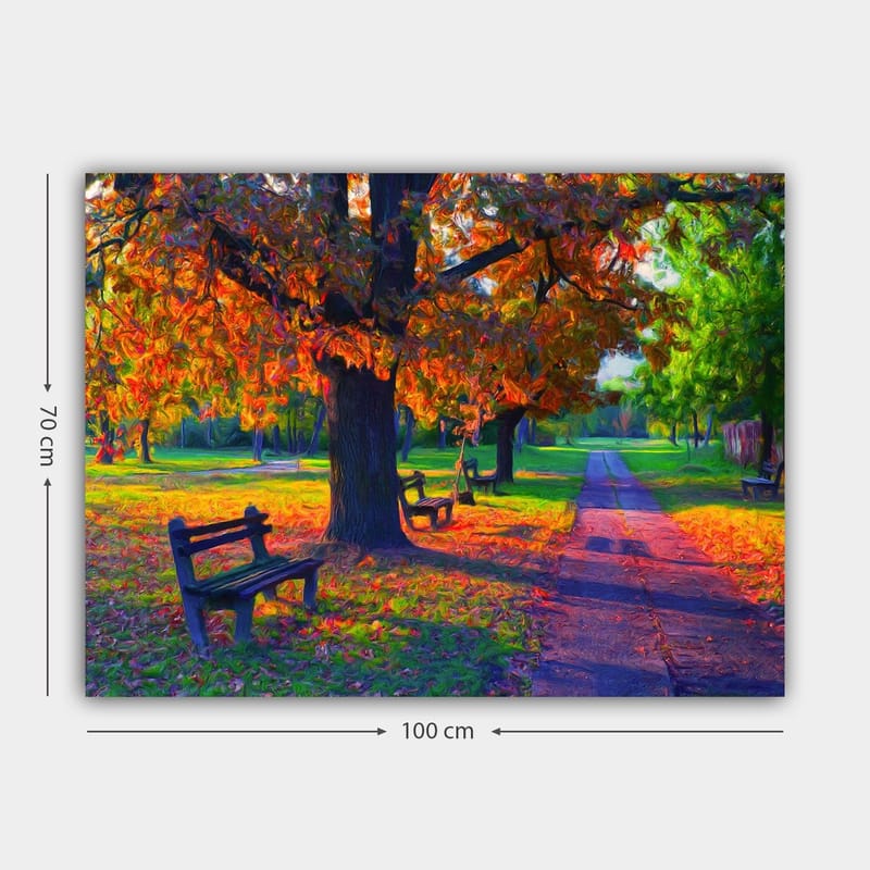 Canvas taulu 70x100 cm - Kaunis syysmaisema värikkäiden puiden ja penkkien kera puistossa - Oranssi / Vihreä / Ruskea - Sisustustuotteet - Taulu & taide - Canvas-taulu