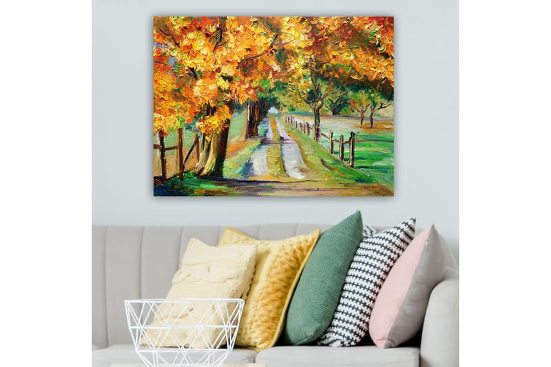 Canvas taulu 70x100 cm - Kaunis syysmaisema värikkäiden puiden kanssa soratien varrella - Oranssi / Vihreä / Ruskea - Sisustustuotteet - Taulu & taide - Canvas-taulu