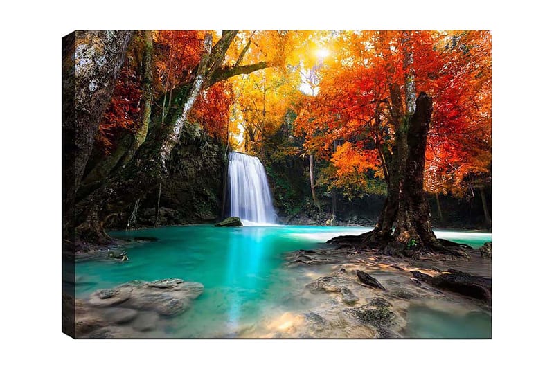 Canvas taulu 70x100 cm - Kaunis syysmaisema vesiputouksella, jota ympäröivät värikkäät puut oranssin ja punaisen sävyissä, Turkoosi / Oranssi / Punainen