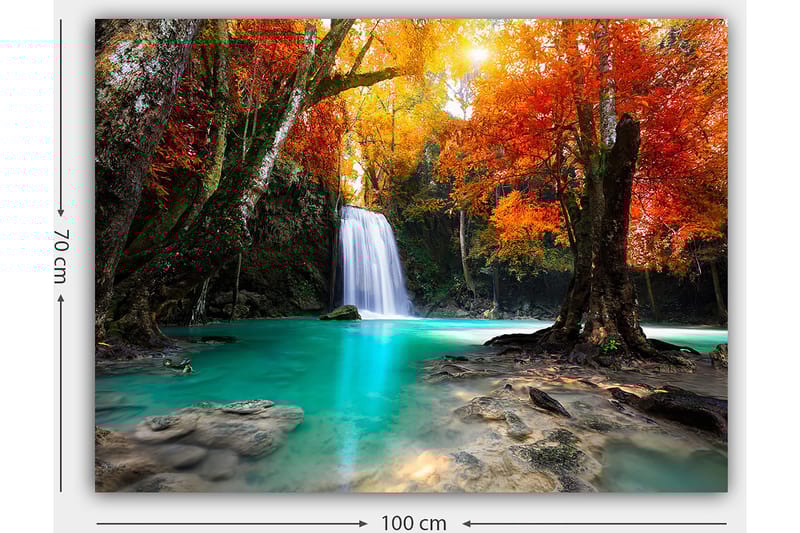 Canvas taulu 70x100 cm - Kaunis syysmaisema vesiputouksella, jota ympäröivät värikkäät puut oranssin ja punaisen sävyissä - Turkoosi / Oranssi / Punainen - Sisustustuotteet - Taulu & taide - Canvas-taulu