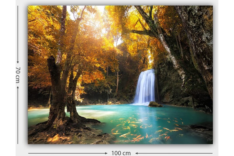 Canvas taulu 70x100 cm - Kaunis syysmaisema vesiputouksella, värikkäiden puiden ja kirkkaan veden ympäröimänä - Kultaoranssi / Turkoosi / Ruskea - Sisustustuotteet - Taulu & taide - Canvas-taulu