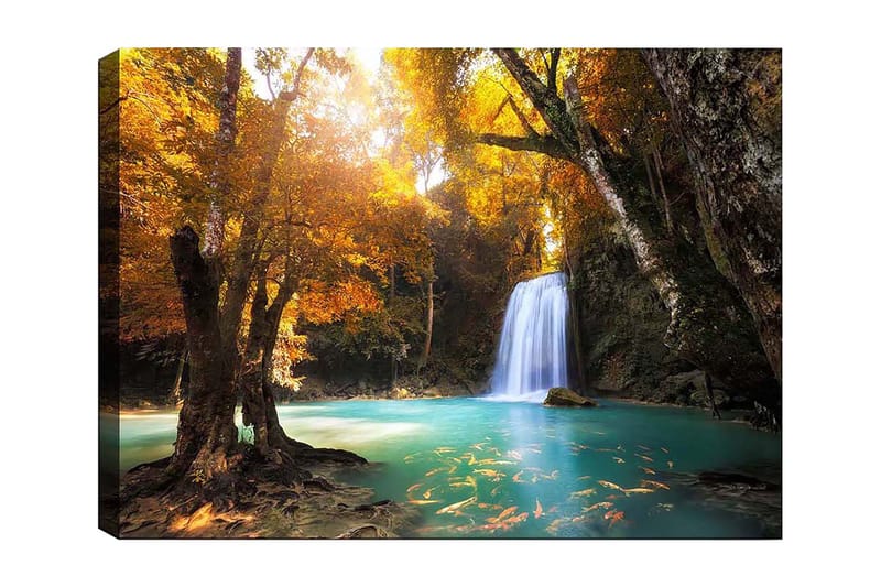 Canvas taulu 70x100 cm - Kaunis syysmaisema vesiputouksella, värikkäiden puiden ja kirkkaan veden ympäröimänä, Kultaoranssi / Turkoosi / Ruskea