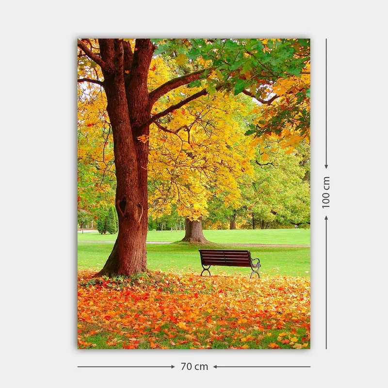 Canvas taulu 70x100 cm - Kaunis syysmaisema penkillä värikkään puun alla - Kullankeltainen / Oranssi / Ruskea - Sisustustuotteet - Taulu & taide - Canvas-taulu