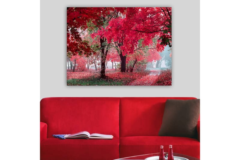 Canvas taulu 70x100 cm - Kaunis syysmaisema punaisilla ja oransseilla lehdillä peittäen puita ja maan - Punainen / Oranssi / Vihreä - Sisustustuotteet - Taulu & taide - Canvas-taulu