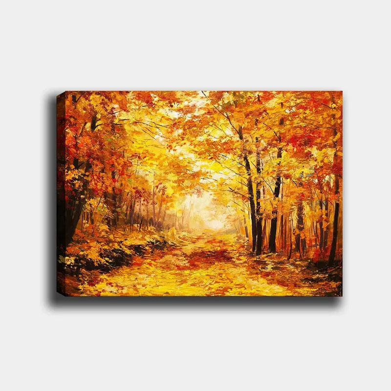Canvas taulu 70x100 cm - Kaunis syysmetsä kultaisine ja oransseine lehtineen luoden lämpimän ja kutsuvan tunnelman, Kulta / Oranssi / Punainen