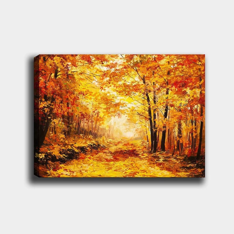 Canvas taulu 70x100 cm - Kaunis syysmetsä kultaisine ja oransseine lehtineen luoden lämpimän ja kutsuvan tunnelman, Kulta / Oranssi / Punainen