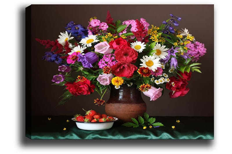 Canvas taulu 70x100 cm - Kaunis värikkäiden kukkien kimppu keraamisessa maljakossa - Punainen / Violetti / Vihreä - Sisustustuotteet - Taulu & taide - Canvas-taulu