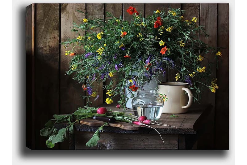 Canvas taulu 70x100 cm - Kaunis värikkäiden kukkien kimppu lasimaljakossa puupöydällä - Vihreä / Keltainen / Punainen - Sisustustuotteet - Taulu & taide - Canvas-taulu
