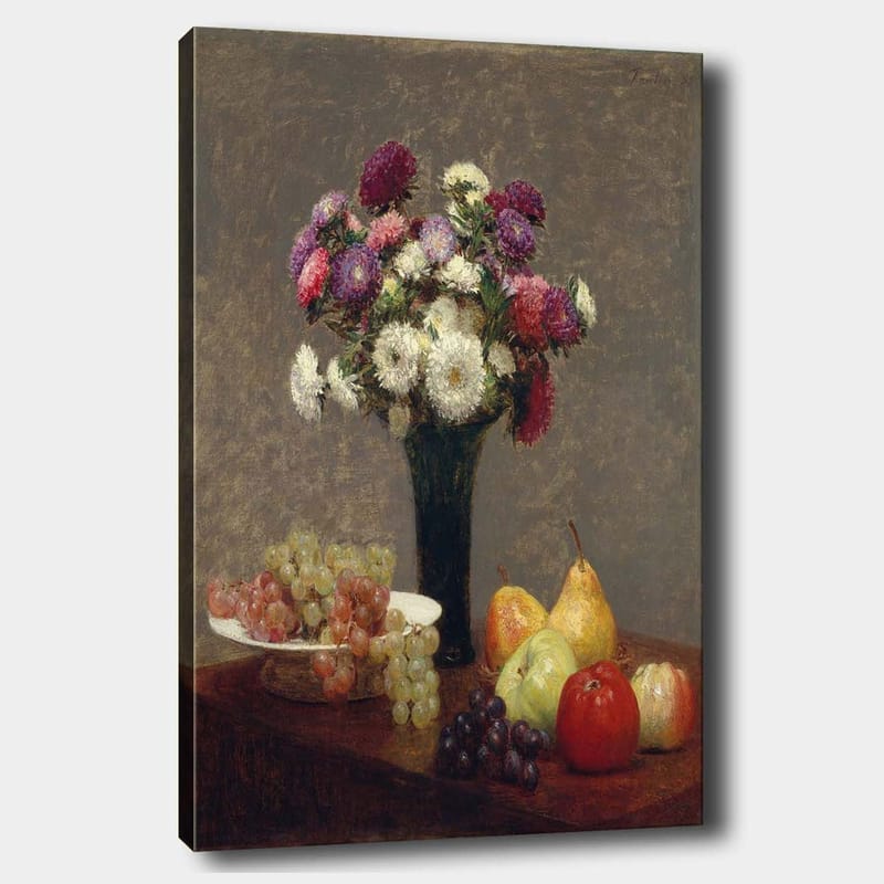 Canvas taulu 70x100 cm - Kaunis värikkäiden kukkien kimppu maljakossa, hedelmien ympäröimänä pöydällä, Violetti / Vihreä / Punainen