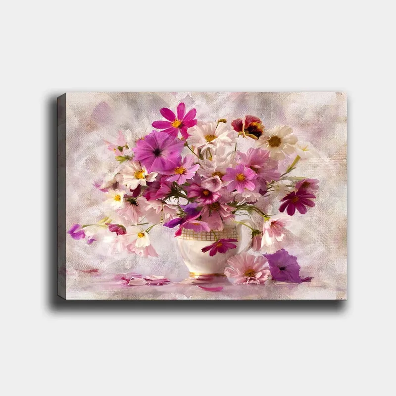Canvas taulu 70x100 cm - Kaunis värikkäiden kukkien kimppu maljakossa - Vaaleanpunainen / Violetti / Valkoinen - Sisustustuotteet - Taulu & taide - Canvas-taulu