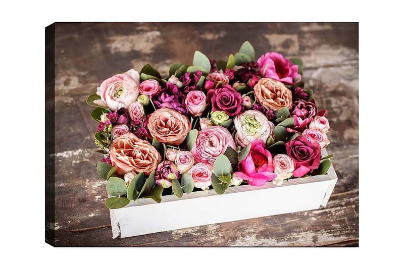 Canvas taulu 70x100 cm - Kaunis värikkäiden kukkien kimppu valkoisessa laatikossa, Vaaleanpunainen / Violetti / Vihreä
