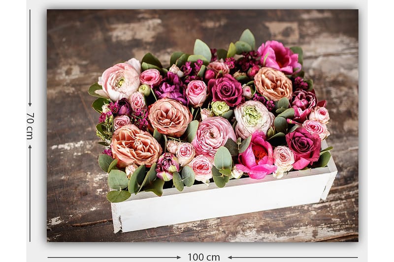 Canvas taulu 70x100 cm - Kaunis värikkäiden kukkien kimppu valkoisessa laatikossa - Vaaleanpunainen / Violetti / Vihreä - Sisustustuotteet - Taulu & taide - Canvas-taulu