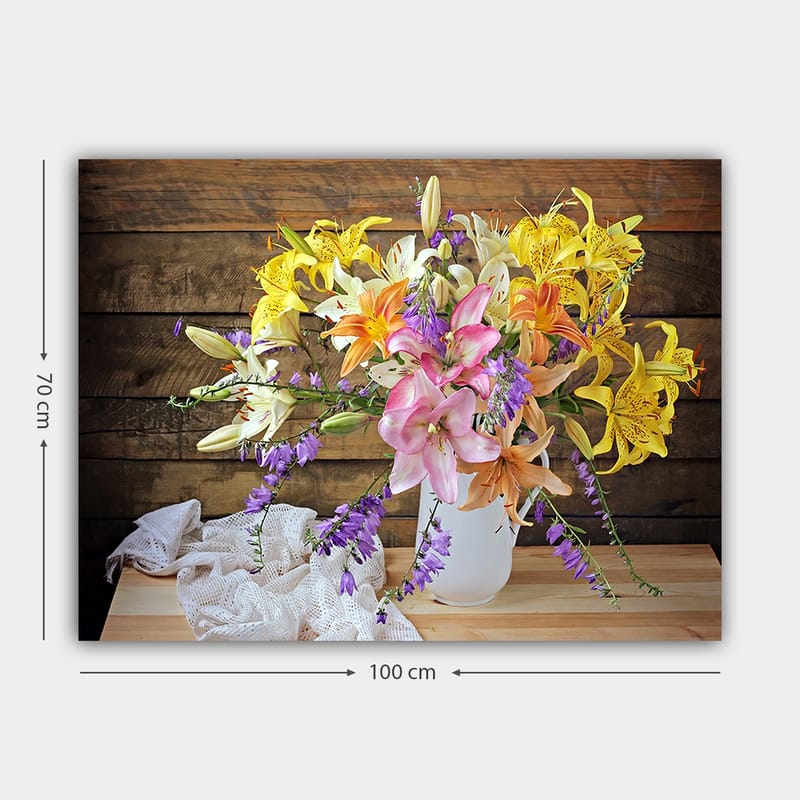 Canvas taulu 70x100 cm - Kaunis värikkäiden kukkien kimppu valkoisessa maljakossa - Keltainen / Vaaleanpunainen / Violetti - Sisustustuotteet - Taulu & taide - Canvas-taulu