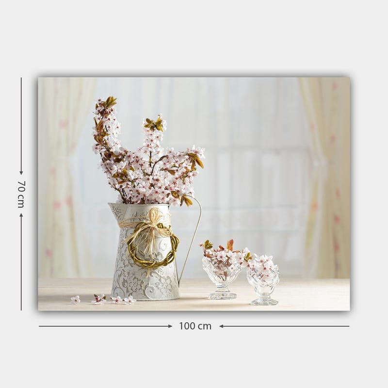 Canvas taulu 70x100 cm - Kaunis vaaleanpunaisten kukkien kimppu koristeellisessa kannusta - Vaaleanpunainen / Vihreä / Valkoinen - Sisustustuotteet - Taulu & taide - Canvas-taulu