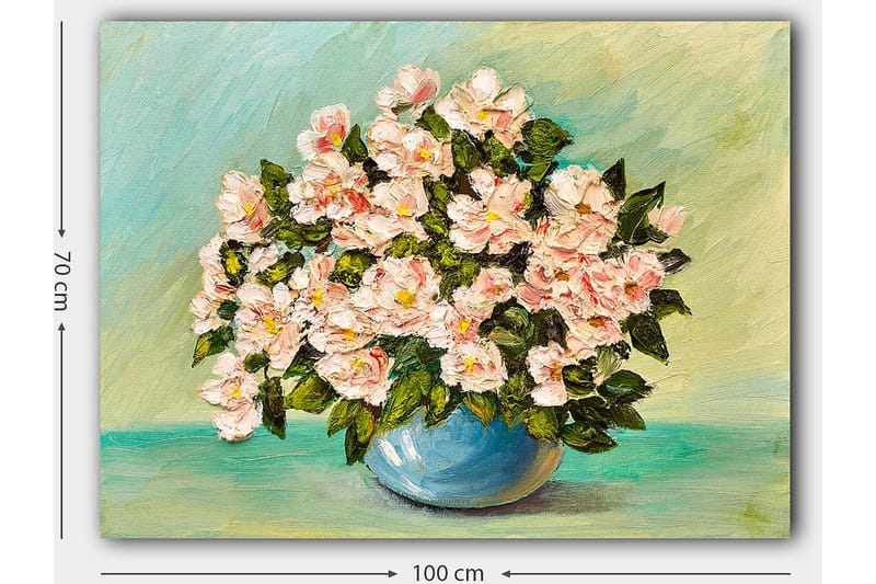 Canvas taulu 70x100 cm - Kaunis vaaleanpunaisten kukkien kimppu sinisessä maljakossa - Vaaleanpunainen / Vihreä / Sininen - Sisustustuotteet - Taulu & taide - Canvas-taulu