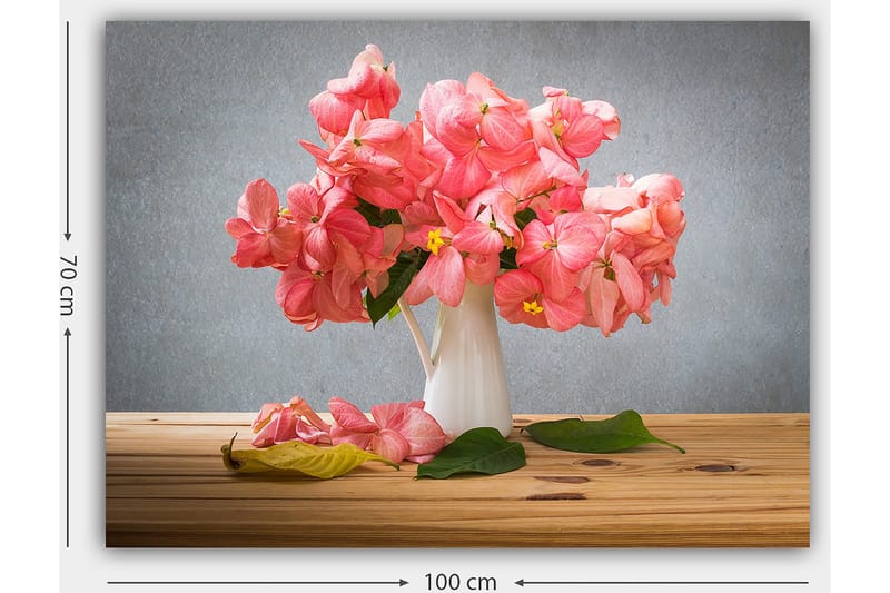 Canvas taulu 70x100 cm - Kaunis vaaleanpunaisten kukkien kimppu valkoisessa maljakossa - Vaaleanpunainen / Vihreä / Keltainen - Sisustustuotteet - Taulu & taide - Canvas-taulu
