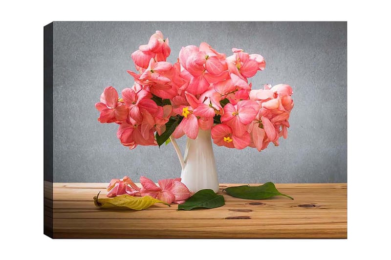 Canvas taulu 70x100 cm - Kaunis vaaleanpunaisten kukkien kimppu valkoisessa maljakossa, Vaaleanpunainen / Vihreä / Keltainen