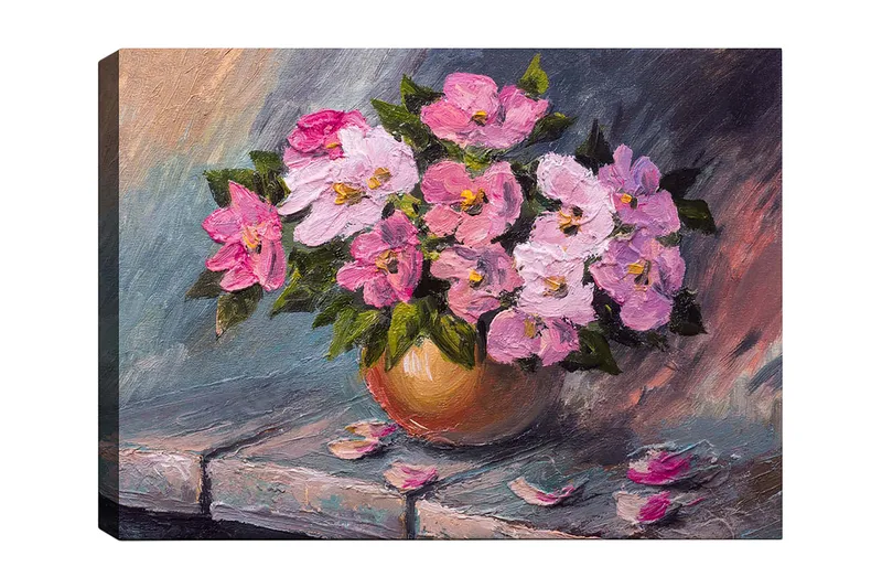 Canvas taulu 70x100 cm - Kaunis vaaleanpunaisten kukkien kimppu pyöreässä maljakossa, Vaaleanpunainen / Vihreä / Beige