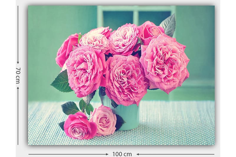 Canvas taulu 70x100 cm - Kaunis vaaleanpunaisten ruusujen kimppu kirkkaassa maljakossa - Vaaleanpunainen / Vihreä - Sisustustuotteet - Taulu & taide - Canvas-taulu