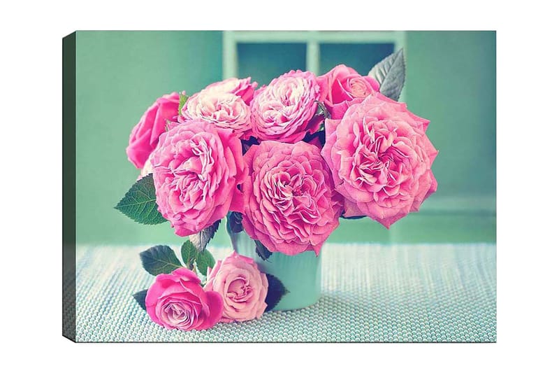 Canvas taulu 70x100 cm - Kaunis vaaleanpunaisten ruusujen kimppu kirkkaassa maljakossa, Vaaleanpunainen / Vihreä