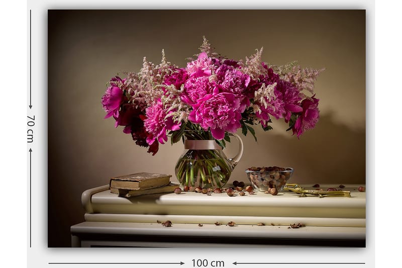 Canvas taulu 70x100 cm - Kaunis vaaleanpunaisten pionien kimppu lasimaljakossa - Vaaleanpunainen / Vihreä / Beige - Sisustustuotteet - Taulu & taide - Canvas-taulu