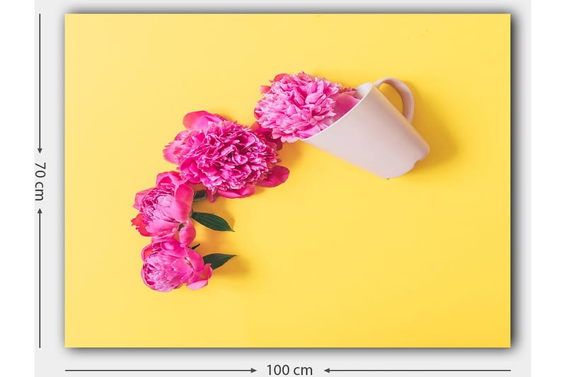 Canvas taulu 70x100 cm - Kaunis vaaleanpunaisten pionien sommitelma valkoisen kupin yllä - Vaaleanpunainen / Keltainen - Sisustustuotteet - Taulu & taide - Canvas-taulu
