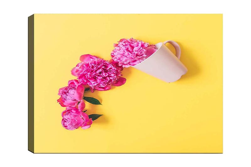 Canvas taulu 70x100 cm - Kaunis vaaleanpunaisten pionien sommitelma valkoisen kupin yllä, Vaaleanpunainen / Keltainen