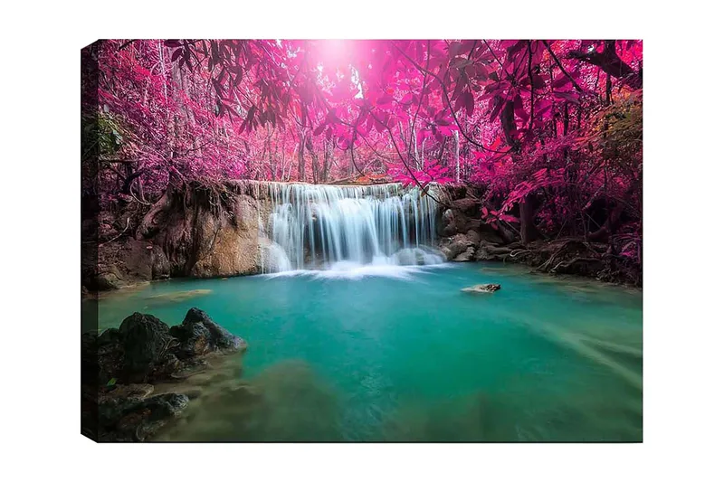 Canvas taulu 70x100 cm - Kaunis vesiputous violettien puiden ja rehevän kasvillisuuden ympäröimänä - Violetti / Turkoosi - Sisustustuotteet - Taulu & taide - Canvas-taulu