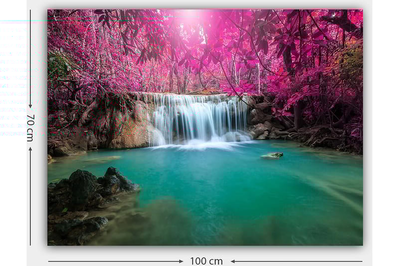 Canvas taulu 70x100 cm - Kaunis vesiputous violettien puiden ja rehevän kasvillisuuden ympäröimänä - Violetti / Turkoosi - Sisustustuotteet - Taulu & taide - Canvas-taulu