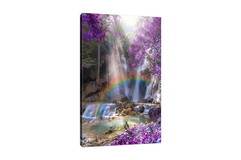 Canvas taulu 70x100 cm - Kaunis vesiputousmaisema, jota ympäröivät violetit kukat ja sateenkaari, Violetti / Sininen / Vihreä