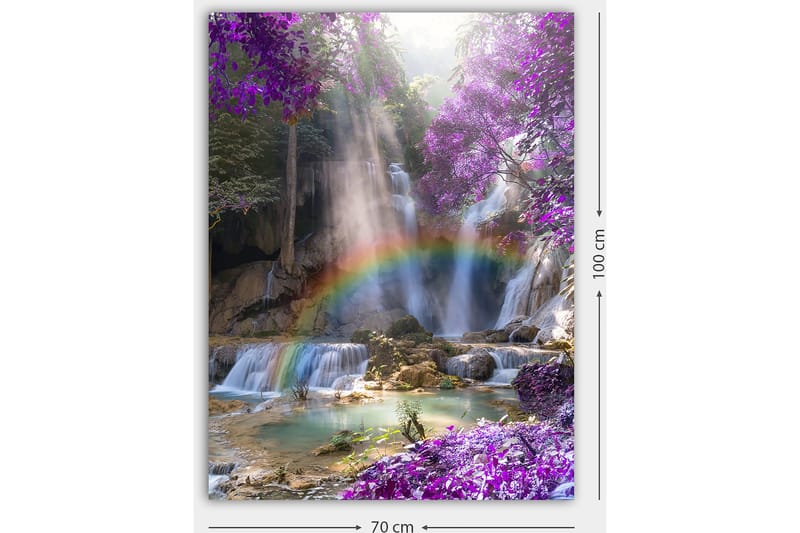 Canvas taulu 70x100 cm - Kaunis vesiputousmaisema, jota ympäröivät violetit kukat ja sateenkaari - Violetti / Sininen / Vihreä - Sisustustuotteet - Taulu & taide - Canvas-taulu