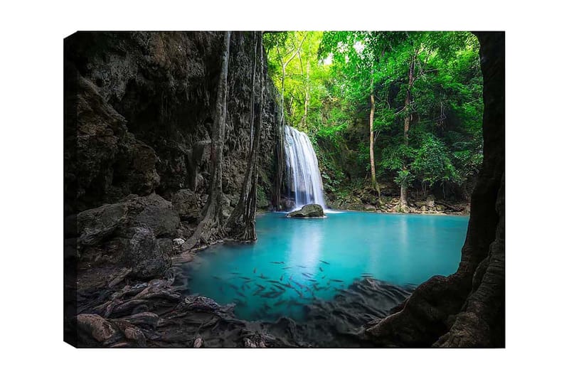 Canvas taulu 70x100 cm - Kaunis vesiputousmaisema rehevän vehreyden ja kirkkaan turkoosin veden ympäröimänä, Turkoosi / Vihreä / Harmaa