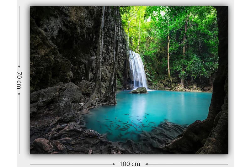 Canvas taulu 70x100 cm - Kaunis vesiputousmaisema rehevän vehreyden ja kirkkaan turkoosin veden ympäröimänä - Turkoosi / Vihreä / Harmaa - Sisustustuotteet - Taulu & taide - Canvas-taulu