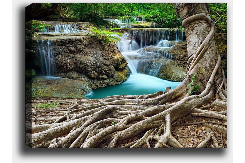 Canvas taulu 70x100 cm - Kaunis vesiputousmaisema rehevän vehreyden ja tukevien puunrunkojen ympäröimänä - Vihreä / Sininen / Ruskea - Sisustustuotteet - Taulu & taide - Canvas-taulu