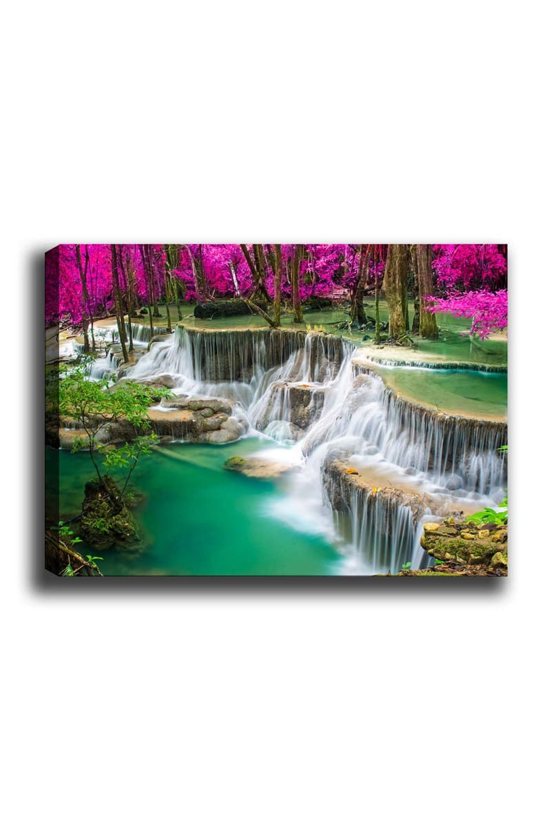 Canvas taulu 70x100 cm - Kaunis vesiputousmaisema rehevän vehreyden ja vaaleanpunaisten kukkien ympäröimänä, Turkoosi / Vaaleanpunainen / Vihreä