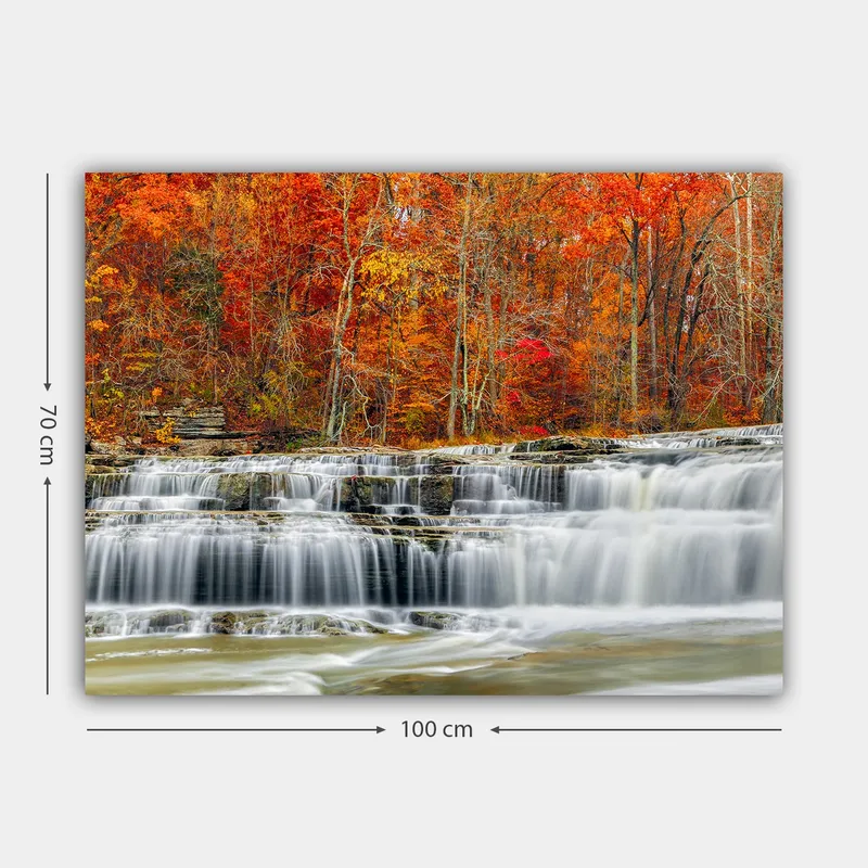 Canvas taulu 70x100 cm - Kaunis vesiputousmaisema syksyn väreissä punaisissa ja oransseissa sävyissä - Punainen / Oranssi / Harmaa - Sisustustuotteet - Taulu & taide - Canvas-taulu